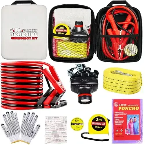LIANXIN Car Emergency Roadside Tool Kit, Auto Emergency Kits Vehicles, with Jumper Cables kit，Car Safety Roadside Assistance Kit,Headlamp,Tow Straps,Tape Measure,Rainwear,Gloves.Gloves.Pale - 1