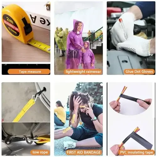 LIANXIN Car Emergency Roadside Tool Kit, Auto Emergency Kits Vehicles, with Jumper Cables kit，Car Safety Roadside Assistance Kit,Headlamp,Tow Straps,Tape Measure,Rainwear,Gloves.Gloves.Pale - 6