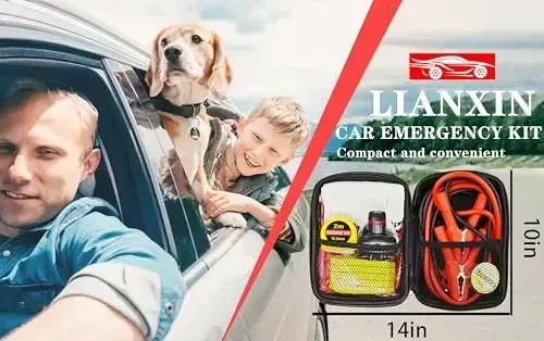 LIANXIN Car Emergency Roadside Tool Kit, Auto Emergency Kits Vehicles, with Jumper Cables kit，Car Safety Roadside Assistance Kit,Headlamp,Tow Straps,Tape Measure,Rainwear,Gloves.Gloves.Pale - 7