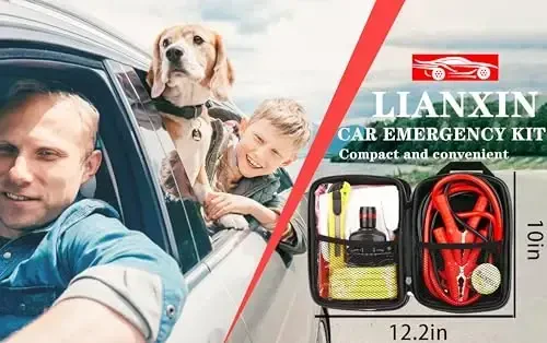LIANXIN Car Roadside Emergency Kit, with Jumper Cables Automotive Kit, Car Safety Roadside Assistance Kit Headlamp, Tow Straps, Art Knife, Rainwear, Gloves. Grey - 2