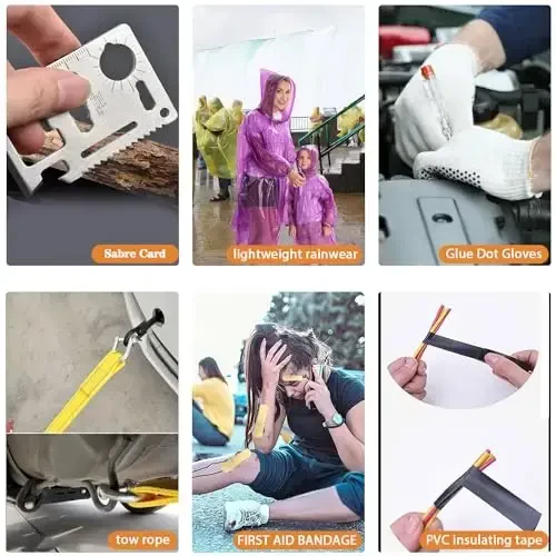 LIANXIN Car Roadside Emergency Kit, with Jumper Cables Automotive Kit,Car Safety Roadside Assistance Kit Headlamp,Tow Straps, Multi-Function Blades, Rainwear, Gloves.Blue - 6