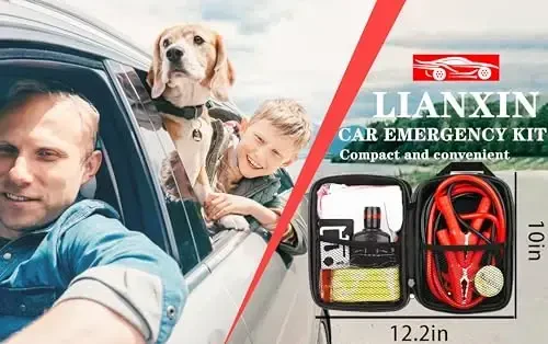 LIANXIN Car Roadside Emergency Kit, with Jumper Cables Automotive Kit,Car Safety Roadside Assistance Kit Headlamp,Tow Straps, Multi-Function Blades, Rainwear, Gloves.Blue - 7