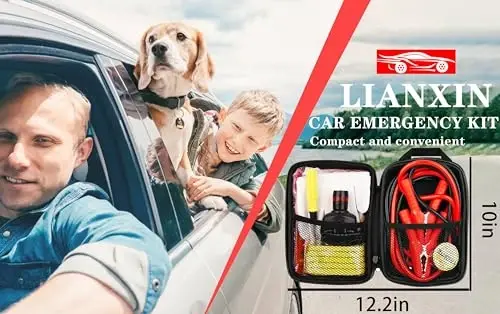 LIANXIN Car Roadside Emergency Kit, with Jumper Cables Automotive Kit,Car Safety Roadside Assistance Kit Headlamp,Tow Straps,Screwdrivers, Rainwear, Gloves.Red - 7