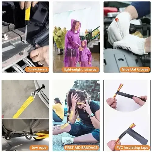 LIANXIN Car Roadside Emergency Kit, with Jumper Cables Automotive Kit,Car Safety Roadside Assistance Kit Headlamp,Tow Straps,Screwdrivers, Rainwear, Gloves.Red - 6