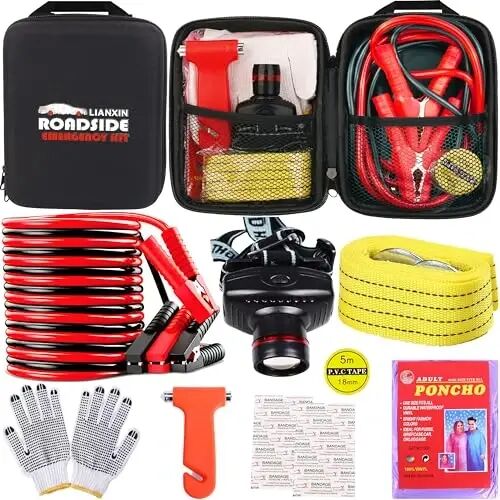 LIANXIN Car Roadside Emergency Kit,with Jumper Cables Car Safety Kits | Emergency Car Kit Tow Straps Headlamp Jumping Cables Safety Hammers Gloves, Breakdowns Gifts for New Drivers - LIANXIN