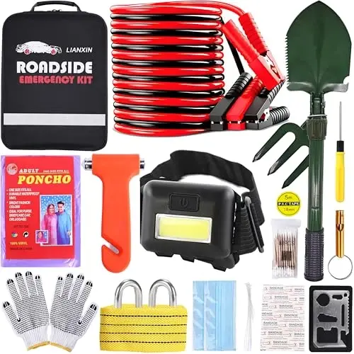 LIANXIN Emergency Car Kit - Premium Roadside Assistance Kit for Cars with Jumper Cables, Headlamp, Folding Shovel & Tow Strap All-in-One Vehicle Safety Kits for Winter, Travel, Survival (Men & Women) 