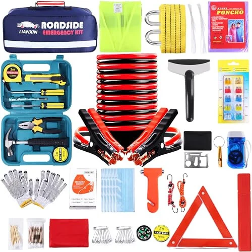 LIANXIN Roadside Assistance Emergency Kit - Car Emergency Kit with Jumper Cables (Upgraded) Emergency Roadside Kit for Car 142 Pieces Car Safety Kits, Tow Strap, Tool Kit, Reflective Warning Triangle - LIANXIN