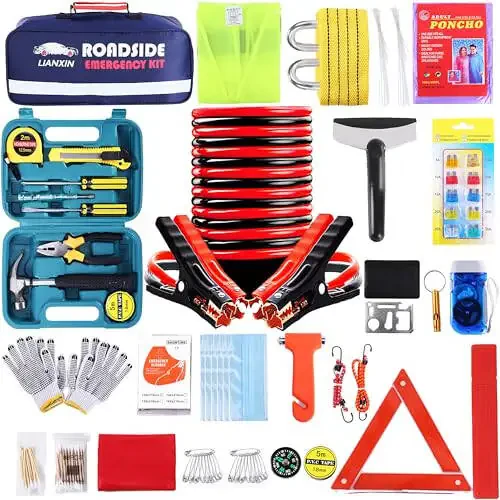 LIANXIN Roadside Assistance Emergency Kit - Car Emergency Kit with Jumper Cables (Upgraded) Emergency Roadside Kit for Car 142 Pieces Car Safety Kits, Tow Strap, Tool Kit, Reflective Warning Triangle - 1