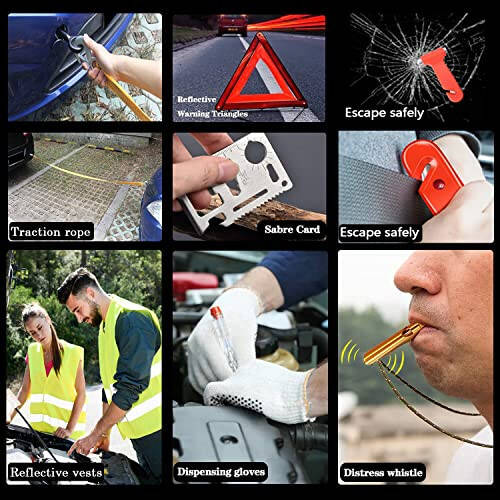 LIANXIN Roadside Emergency Car Kit-Safety Car Kit Car Emergency Kit with Jumper Cables Roadside Assistance Kit, Tow Rope, Safety Hammer, Reflective Warning Triangle,Car Tool Kit - 6