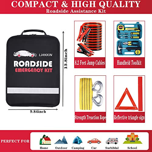 LIANXIN Roadside Emergency Car Kit-Safety Car Kit Car Emergency Kit with Jumper Cables Roadside Assistance Kit, Tow Rope, Safety Hammer, Reflective Warning Triangle,Car Tool Kit - 7