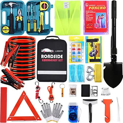 LIANXIN Roadside Emergency Car Kit-Safety Car Kit Car Emergency Kit with Jumper Cables Roadside Assistance Kit, Tow Rope, Safety Hammer, Reflective Warning Triangle,Car Tool Kit - 1