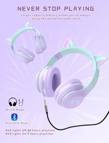 LiberIntone Kids Bluetooth Headphones,Cat Ear LED Light Child Wireless Headphones with Mic,Adjustable Headband,TF Card,Foldable Bluetooth Stereo Over-Ear Kids Headsets for Boys Girls Adults (Purple) - 3