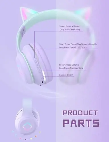 LiberIntone Kids Bluetooth Headphones,Cat Ear LED Light Child Wireless Headphones with Mic,Adjustable Headband,TF Card,Foldable Bluetooth Stereo Over-Ear Kids Headsets for Boys Girls Adults (Purple) - 6