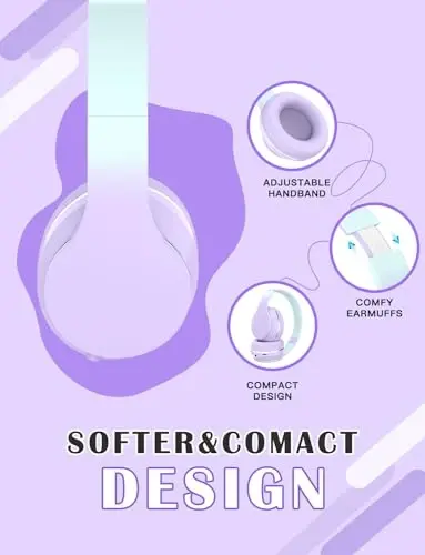 LiberIntone Kids Bluetooth Headphones,Lightweight Kids Girl Adult Wireless Headphone with Mic,Adjustable Headband,10H Playtime,Over Ear Kids Wireless Headphones for Tablet/iPad/Travel/School (Purple) - 2