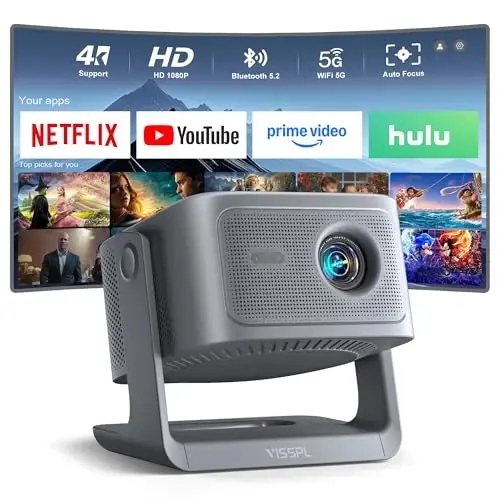 License App Projector, VISSPL Full HD 1080P Video Projector, Tripod bilan portativ tashqi projektor, bolalar uchun sovg'a, Android/iOS/Windows/TV Stick/HDMI/USB bilan mos keladigan uy kinoteatri telefon projektori - VISSPL