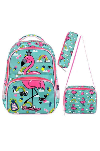 Licensed Flamingo 3-Piece Set Elementary School Bag, Thermal Lunch Bag and Pencil Case Set - 1