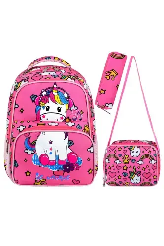 Licensed Unicorn 3-Piece Set School Bag, Thermal Lunch Bag, and Pencil Case Set-Pink - 1