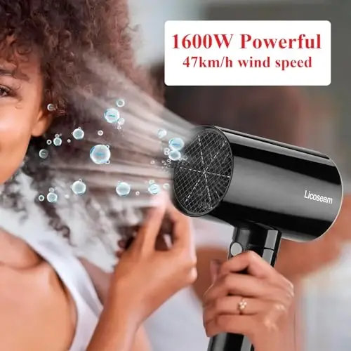 Licoseam Hair Dryer, 1600W Small Foldable Hair Blow Dryer, Fast Drying Compact Hair Dryer, Black - 4