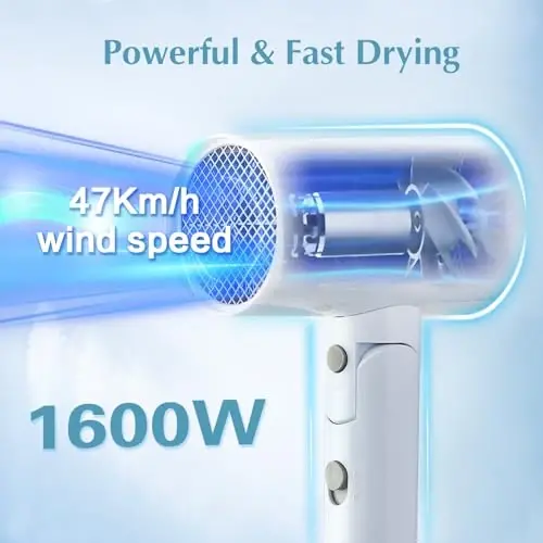 Licoseam Hair Dryer, 1600W Small Foldable Hair Blow Dryer, Fast Drying Travel Hair Dryer, White - LICOSEAM (1)