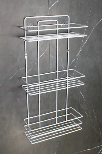 Lif Askılıklı Yapışkanlı Paslanmaz Ekonomik Banyo Köşeliği Düzenleyici Üçlü Duş Köşe Rafı Şampuanlık-BEYAZ - 4