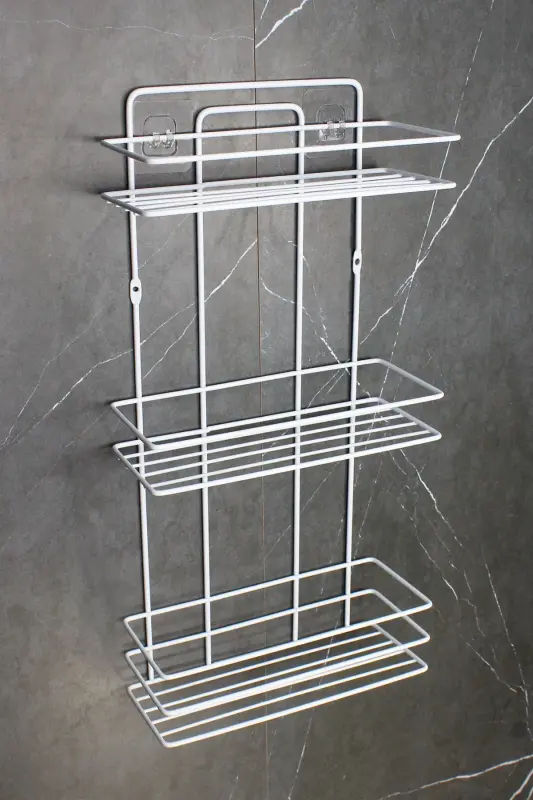 Lif Askılıklı Yapışkanlı Paslanmaz Ekonomik Banyo Köşeliği Düzenleyici Üçlü Duş Köşe Rafı Şampuanlık-BEYAZ - 4