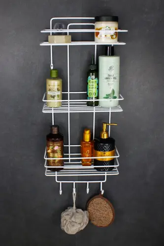 Lif Askılıklı Yapışkanlı Paslanmaz Ekonomik Banyo Köşeliği Düzenleyici Üçlü Duş Köşe Rafı Şampuanlık-BEYAZ 