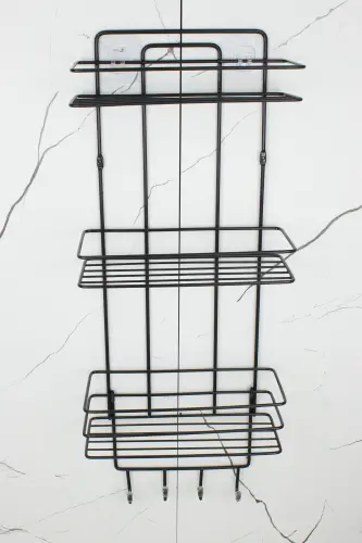 Yapışkanlı Paslanmaz Metal TermoPlastik Kaplamalı Banyo Köşeliği Duş Rafı Şampuanlık-SİYAH Lif Askılıklı - 5