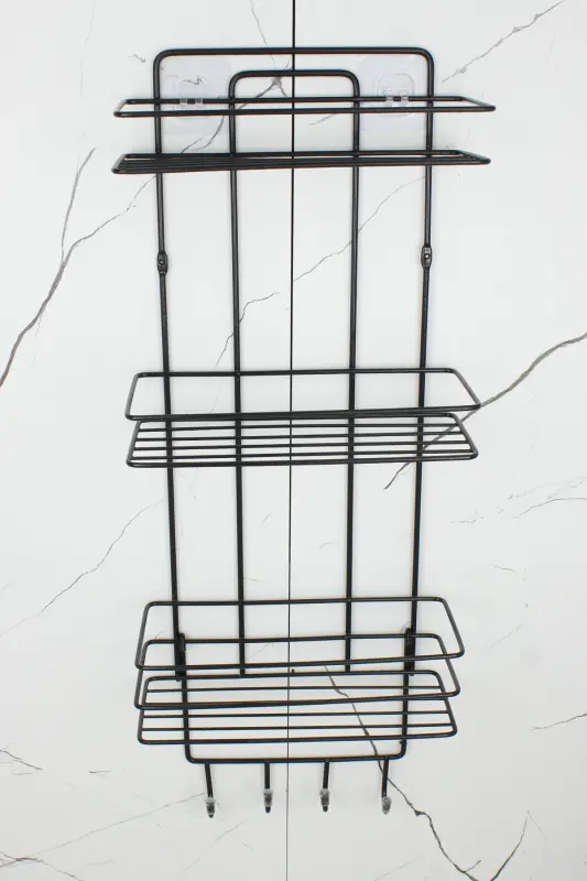 Yapışkanlı Paslanmaz Metal TermoPlastik Kaplamalı Banyo Köşeliği Duş Rafı Şampuanlık-SİYAH Lif Askılıklı - 5