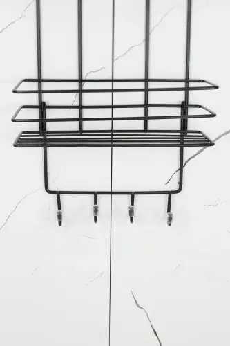 Yapışkanlı Paslanmaz Metal TermoPlastik Kaplamalı Banyo Köşeliği Duş Rafı Şampuanlık-SİYAH Lif Askılıklı - 6