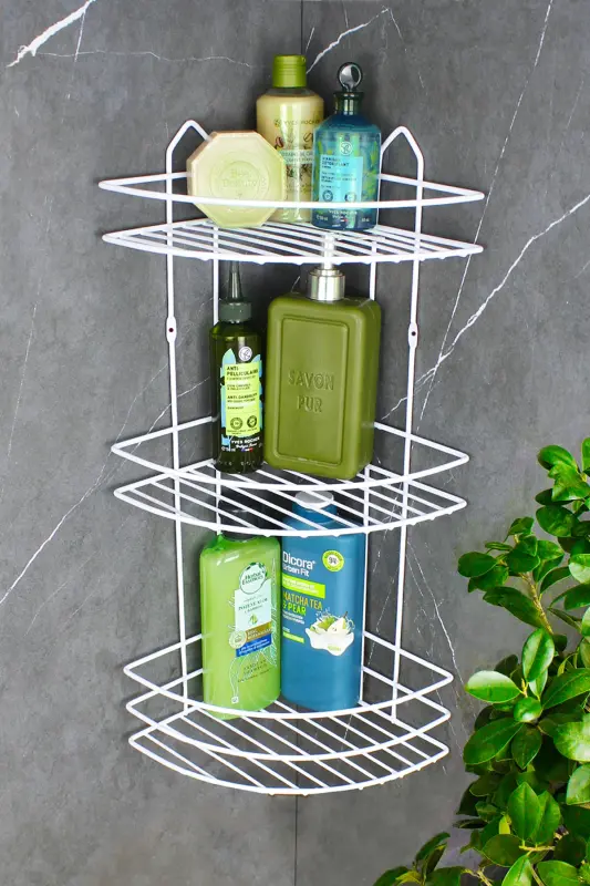 Lif Askılıklı Yapışkanlı Paslanmaz Metal TermoPlastik Kaplamalı Banyo Köşeliği Duş Rafı Şampuanlık-BEYAZ - HIMY SHOP