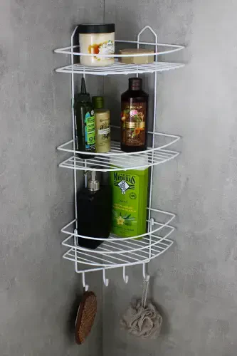Lif Askılıklı Yapışkanlı Paslanmaz Metal TermoPlastik Kaplamalı Banyo Köşeliği Duş Rafı Şampuanlık-BEYAZ - 3
