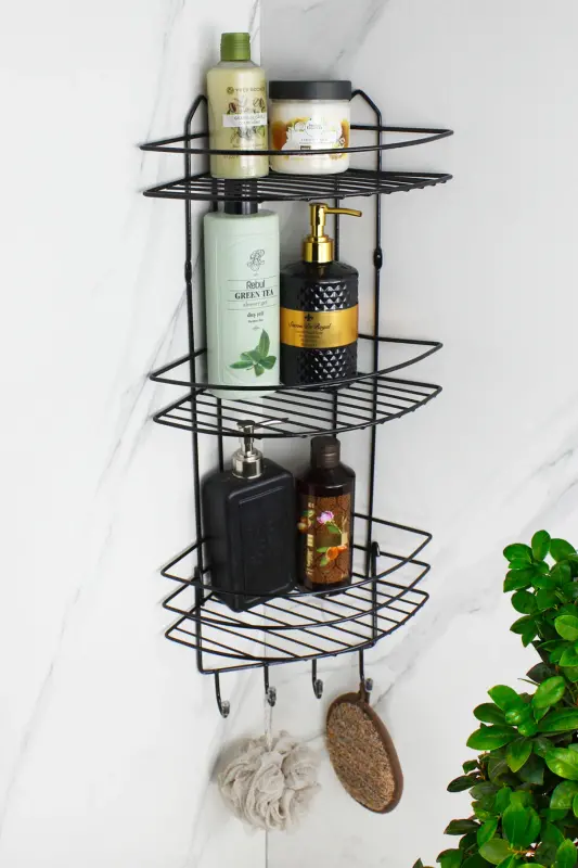 Lif Askılıklı Yapışkanlı Paslanmaz Metal TermoPlastik Kaplamalı Banyo Köşeliği Duş Rafı Şampuanlık-SİYAH - 1