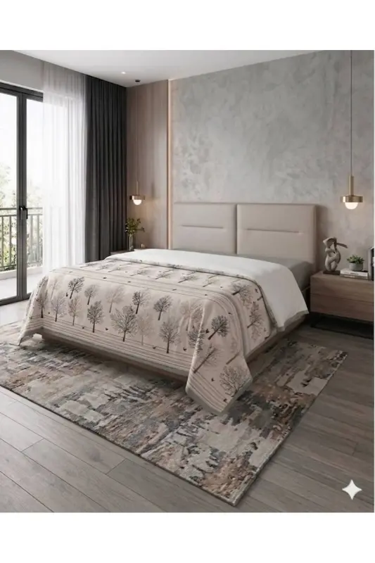 Life Tree Pattern Printed 200x240 Cm. Double (BATTAL) Single Quilt - Grey - 1