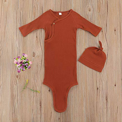 Lifyira Unisex Newborn 2Pcs Pajamas Set Nightgowns with Hat Baby Solid Long Sleeve Romper Infant Knotted Sleep Gown - 32