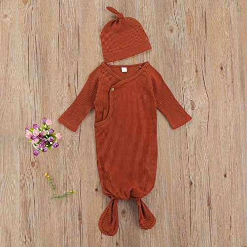 Lifyira Unisex Newborn 2Pcs Pajamas Set Nightgowns with Hat Baby Solid Long Sleeve Romper Infant Knotted Sleep Gown - 33