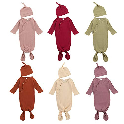 Lifyira Unisex Newborn 2Pcs Pajamas Set Nightgowns with Hat Baby Solid Long Sleeve Romper Infant Knotted Sleep Gown - 36