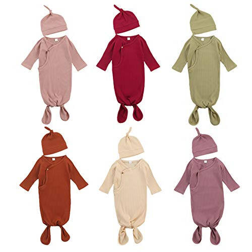 Lifyira Unisex Newborn 2Pcs Pajamas Set Nightgowns with Hat Baby Solid Long Sleeve Romper Infant Knotted Sleep Gown - 18