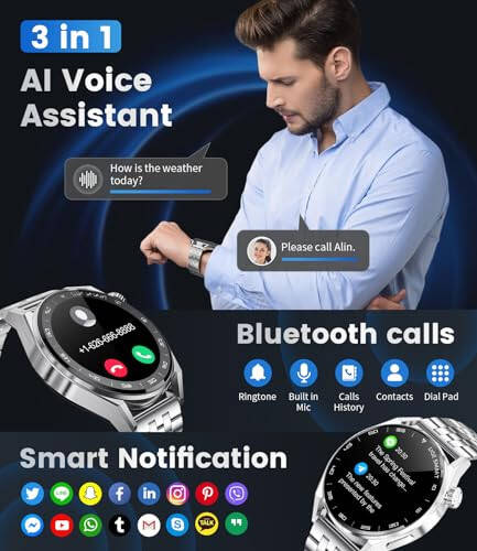 LIGE Akıllı Saat Erkekler İçin Bluetooth Çağrı (Cevaplama/Arama), 1.39'' Android Telefonlar ve iOS İçin Uyumludur, 100+ Spor Modu Kalp Hızı/SpO2/Kan Basıncı, Adım Sayar Gümüş - 2