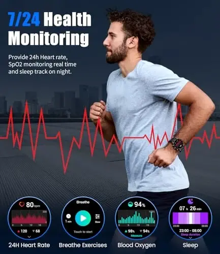 LIGE Smart Watches for Men,1.43“ Amoled Display with Bluetooth Calls/Message Push, 100+ Sport Modes Blood Pressure/Heart Rate Tracker IP67 Waterproof Smartwatch for Android iOS Phones Black - 5