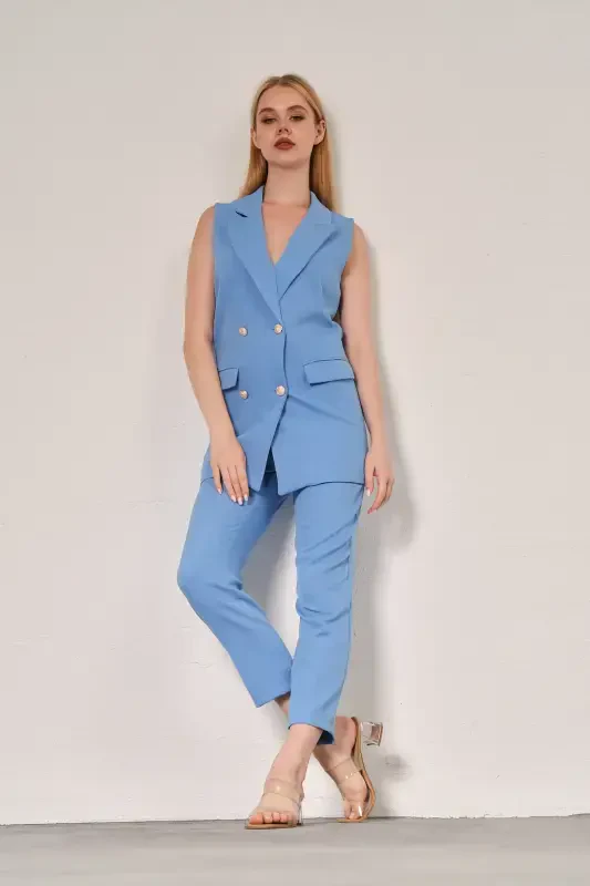 Light Blue Blazer Vest Trousers Atlas Fabric Suit-Light Blue - 1
