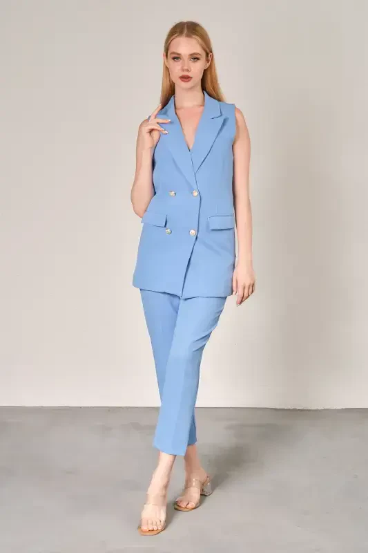 Light Blue Blazer Vest Trousers Atlas Fabric Suit-Light Blue - 2