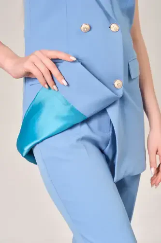 Light Blue Blazer Vest Trousers Atlas Fabric Suit-Light Blue - 4