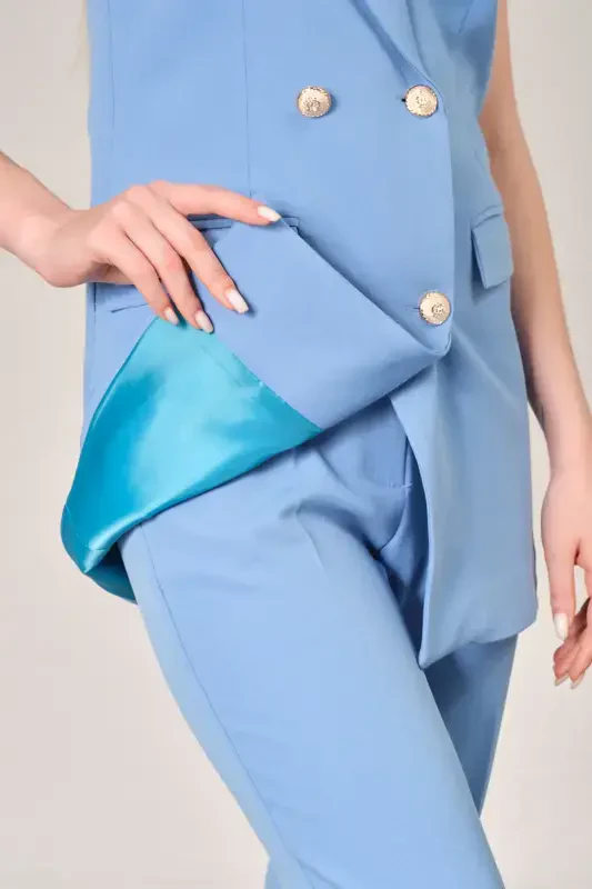 Light Blue Blazer Vest Trousers Atlas Fabric Suit-Light Blue - 4