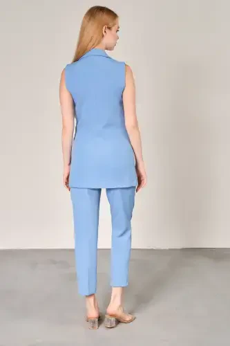 Light Blue Blazer Vest Trousers Atlas Fabric Suit-Light Blue - 6