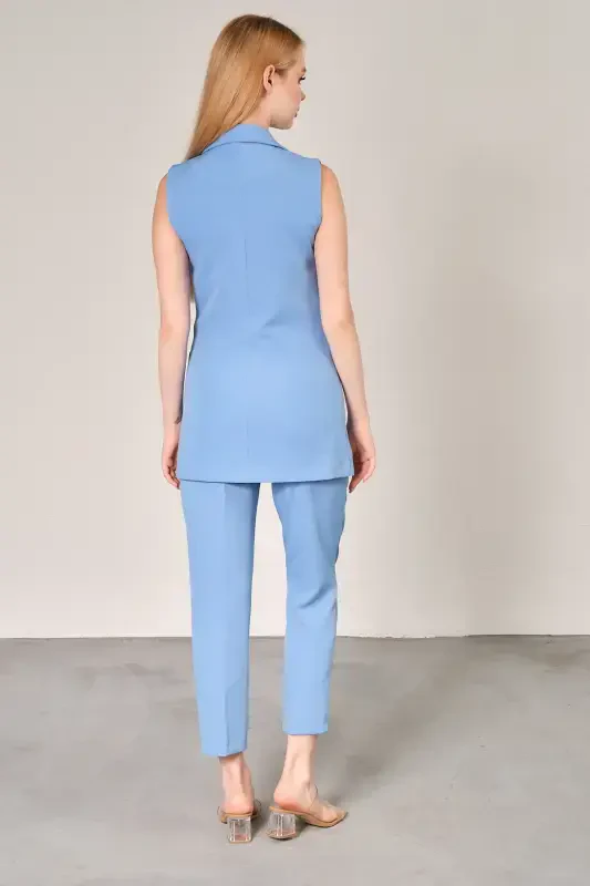 Light Blue Blazer Vest Trousers Atlas Fabric Suit-Light Blue - 6