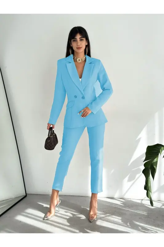 Light Blue Double Breasted Blazer Carrot Pants Suit-Light Blue - 1