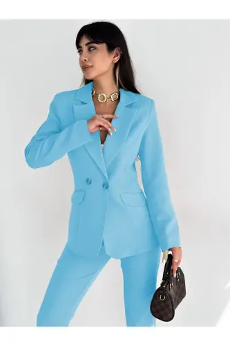 Light Blue Double Breasted Blazer Carrot Pants Suit-Light Blue - DIAVES (1)