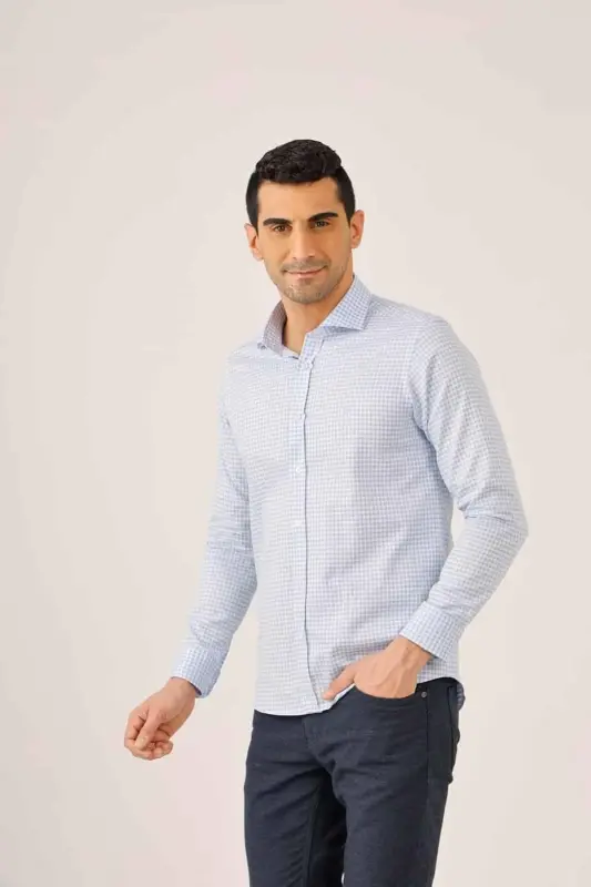 Light Blue Men's Slim Fit Plaid Patterned Semi Italian Collar Long Sleeve Shirt - 89999-Light Blue - 2