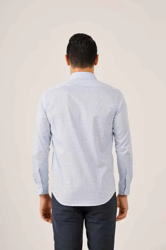 Light Blue Men's Slim Fit Plaid Patterned Semi Italian Collar Long Sleeve Shirt - 89999-Light Blue - 3