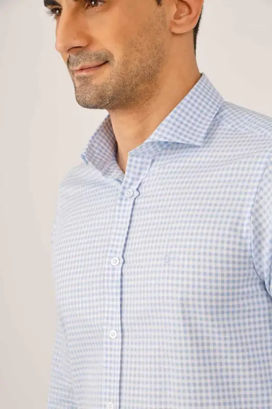 Light Blue Men's Slim Fit Plaid Patterned Semi Italian Collar Long Sleeve Shirt - 89999-Light Blue - 4
